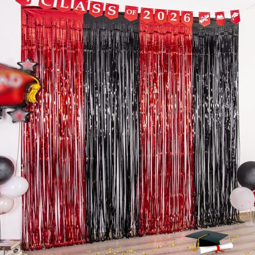 This one is our classic Red & Black Tinsel Curtain Backdrop. It comes with the “Class of 2026” banner and shiny metallic fringe curtains in bold red and black — super popular for graduation photos. We can totally customize this style, whether you want to change the year, switch the colors to your school colors, or even adjust the banner text.