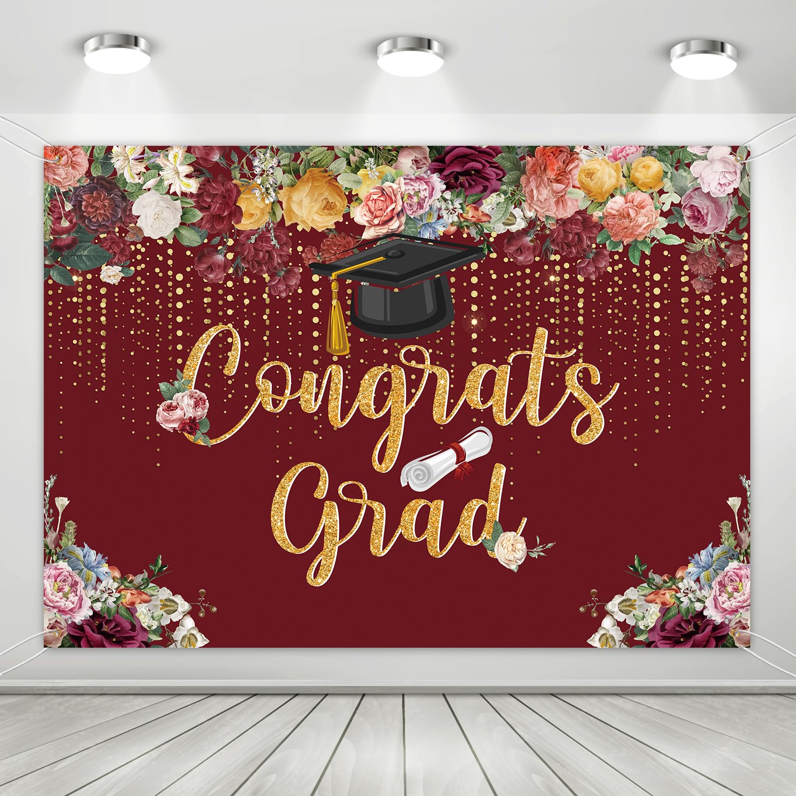 Customizable Congrats Grad Glitter Banner with Diverse Caps & Diploma Patterns - Graduation Party Decorations Photography Background