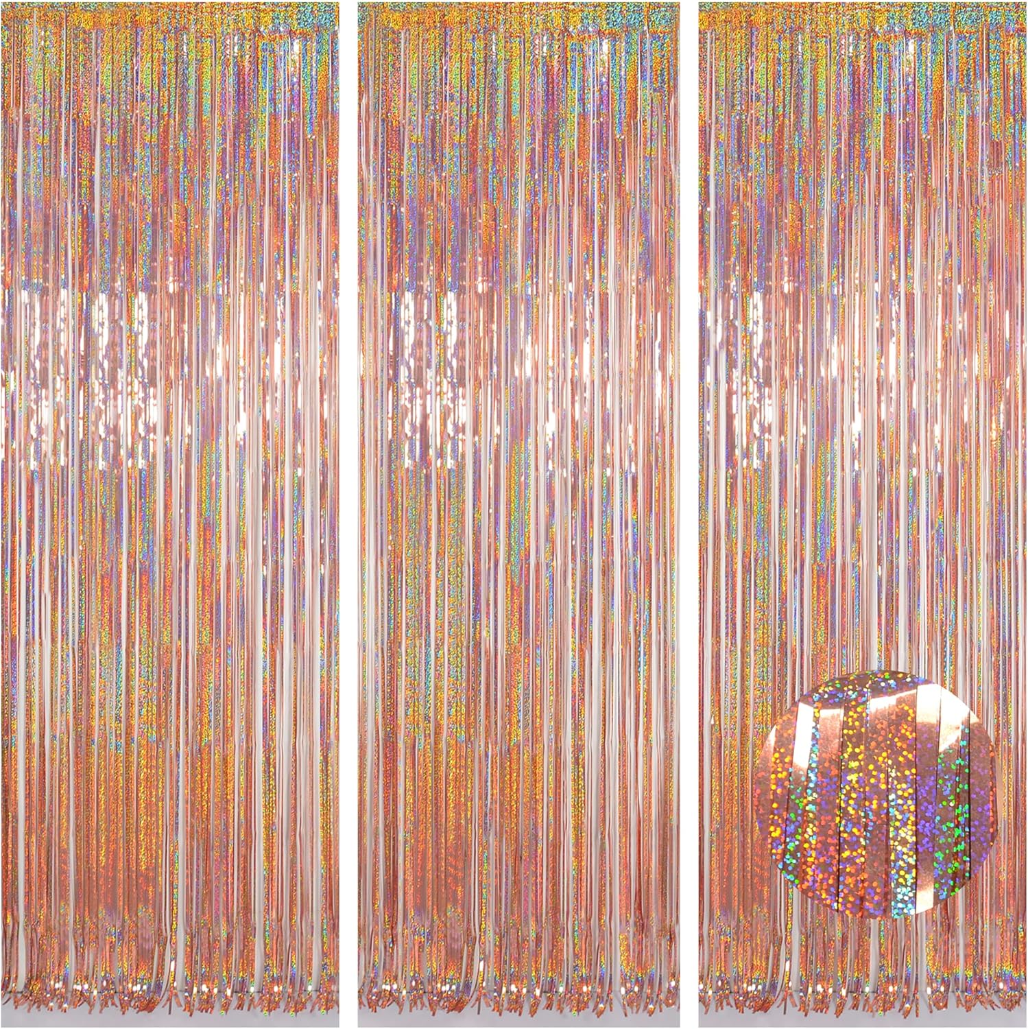 This is our premium holographic fringe curtain. It has a super dense and sparkly look with that classic metallic rainbow effect. We can customize this exact style for you, whether you want it taller, shorter, with more strands, or in different color variations.