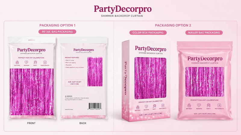 Pink shimmer foil fringe backdrop curtain packaging options including retail bag, color box, and resealable pouch packaging for wholesale party decoration supplies with custom branding solutions