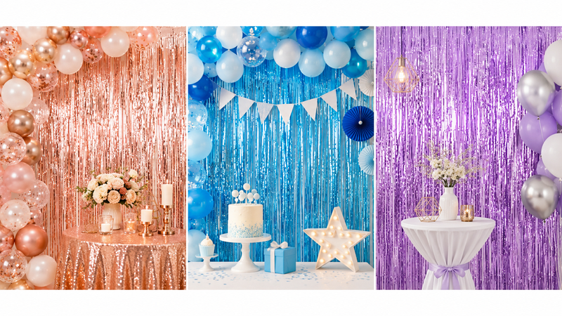 16:9 collage showing rose gold, blue, and lavender metallic foil fringe backdrop curtain decoration ideas for weddings, birthdays, baby showers, and event party setups