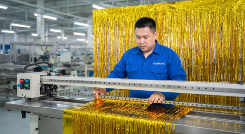This is our precision slitting process where our technician operates specialized machinery to cut high-gloss metallic foil into uniform fringe strips. This ensures consistent dimensions and quality control for reliable wholesale foil fringe backdrops.