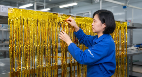 This is our header assembly step where our worker carefully aligns and secures gold foil strips with taping to create a stable top edge. Our detailed process guarantees attachment strength and consistency for wholesale reliability.