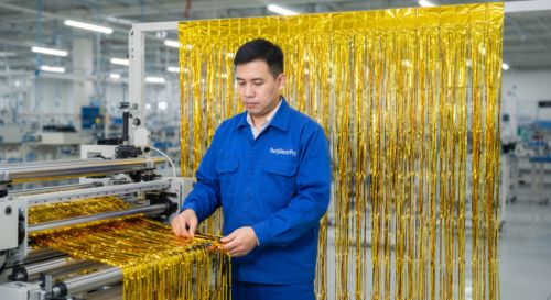 This is our machine assembly stage where our technician uses specialized equipment to combine cut strips into complete sparkle foil curtain backdrops. Precision engineering maintains uniform quality for dependable wholesale supply.