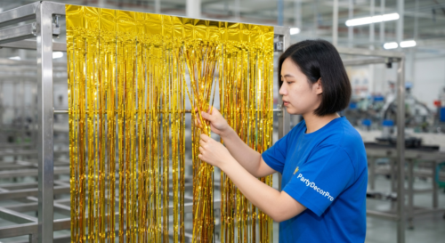 This is our final quality inspection where our inspector examines the assembled foil fringe backdrop for strip spacing and attachment strength. This rigorous check upholds our high standards and wholesale consistency.