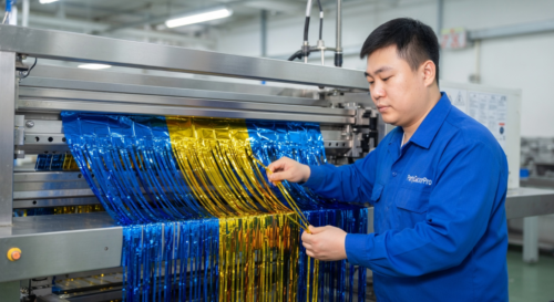 This is our precision slitting process utilizing specialized machines to create uniform fringe strips from metallic rolls, ensuring consistency and precision for high-quality wholesale party tinsel production.