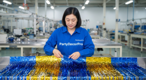 This is our assembly process where our team combines blue and gold metallic strips with reinforced top edges, delivering durable party tinsel fringe backdrops with reliable wholesale consistency.