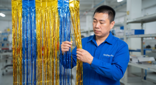 This is our quality inspection process where we carefully check strip consistency and color matching of the metallic fringe strips, ensuring premium quality for wholesale reliability.