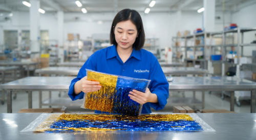 This is our final packaging process for completed party tinsel sets, where we carefully protect the metallic surfaces to maintain quality and ensure reliable delivery to wholesale partners.
