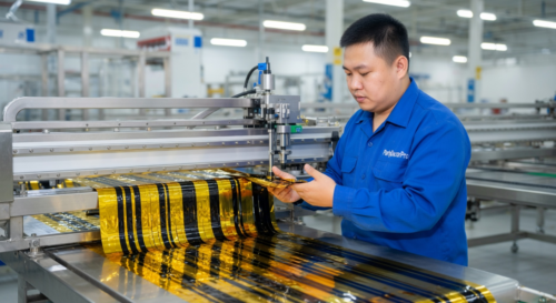 This is our precision cutting process using advanced systems to create uniform fringe strips from shiny metallic foil, delivering consistent quality and exact specifications for reliable wholesale tinsel curtain backdrops.