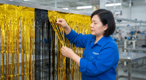 This is our precise alignment stage where cut metallic foil fringe strips are carefully positioned onto the top header, ensuring perfect consistency and quality for our wholesale tinsel curtain backdrops.