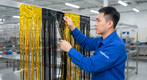 This is our stable attachment process where aligned shiny foil strips are securely fixed to the header, providing superior quality control and reliability for wholesale tinsel curtain backdrops.