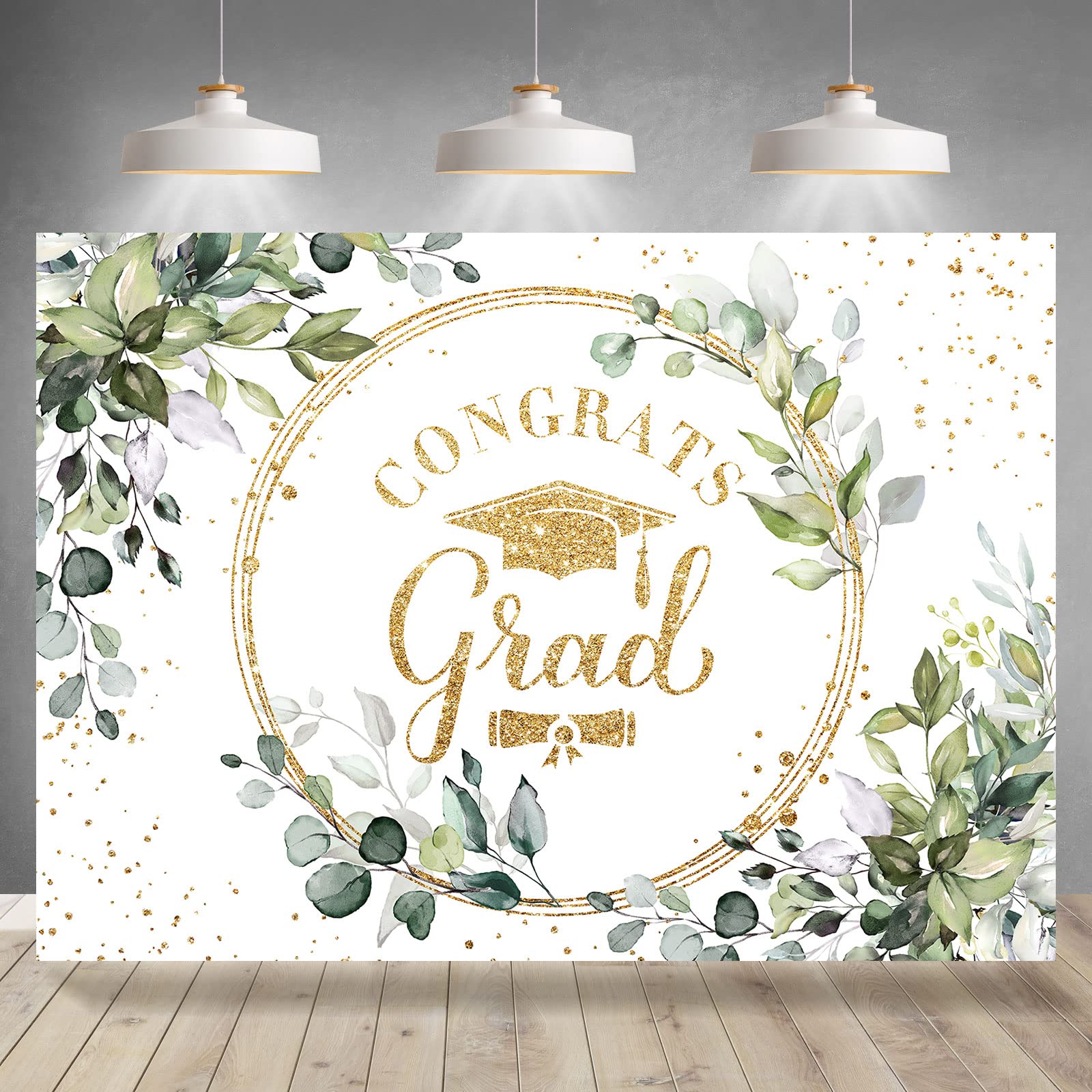 Custom Congrats Grad Backdrop Graduation | Personalized Gold Glitter Photography Background with Greenery Leaves Party Banner Decor Supplies