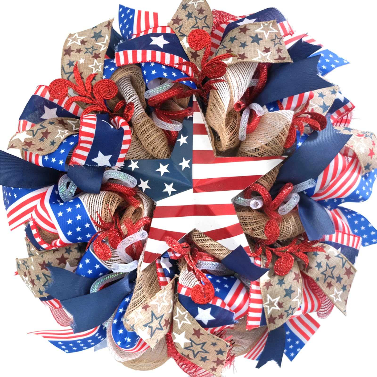 Custom Wreath Manufacturer - Patriotic Burlap Mesh Front Door Wreath for 4th of July
