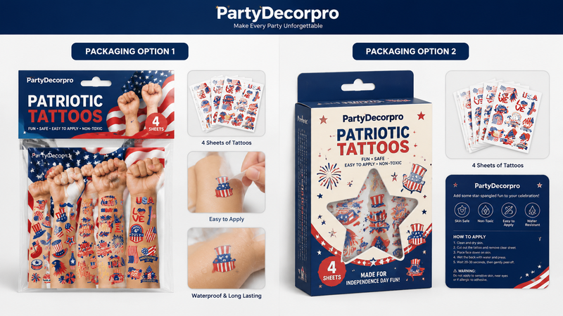 Patriotic temporary tattoo packaging options with colorful USA-themed designs, 4 sheets, easy-to-apply, customizable branding.