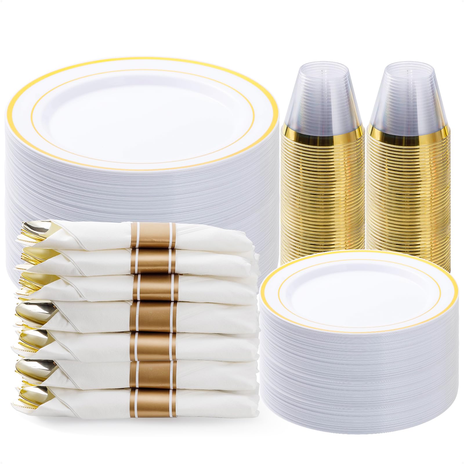 Premium Plastic Dinnerware Set for Guests – Disposable Party Plates Ideal for Graduations, Birthdays & Parties, Pre-Rolled Napkins with Cutlery, Cups