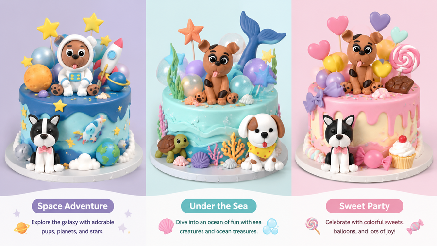 Custom themed celebration cakes with fondant pups, colorful balloons, stars, and candy decorations.