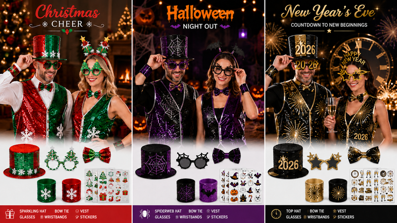 Adult holiday party accessory collection featuring Christmas, Halloween, and New Year themed sequined hats, vests, glasses, bow ties, and festive accessories with immersive celebration backgrounds.