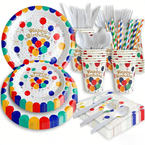 This is our colorful Happy Birthday paper plate set. It comes with both large dinner plates and smaller dessert plates, all featuring bright balloon patterns, a fun polka-dot border, and shiny gold “Happy Birthday” lettering. The best part is we can totally customize these — change the colors, add your own logo, or switch up the design to match your party theme perfectly.