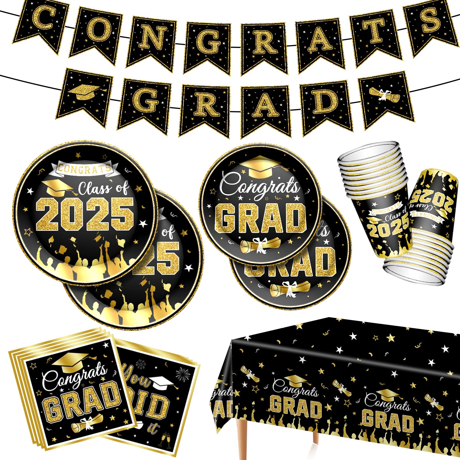 Graduation Party Supplies Kit - Disposable Grad Tableware Set Including Plates, Cups, Napkins, Table Cover and Congrats Banner for Class Graduates