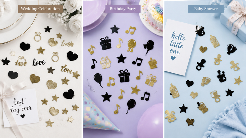 Black and gold graduation confetti including GRAD, Congrats, caps, diplomas, and stars, flat-lay style