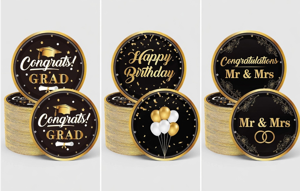 Premium black and gold party plates in graduation, birthday, and wedding themes - customizable elegant disposable dinnerware
