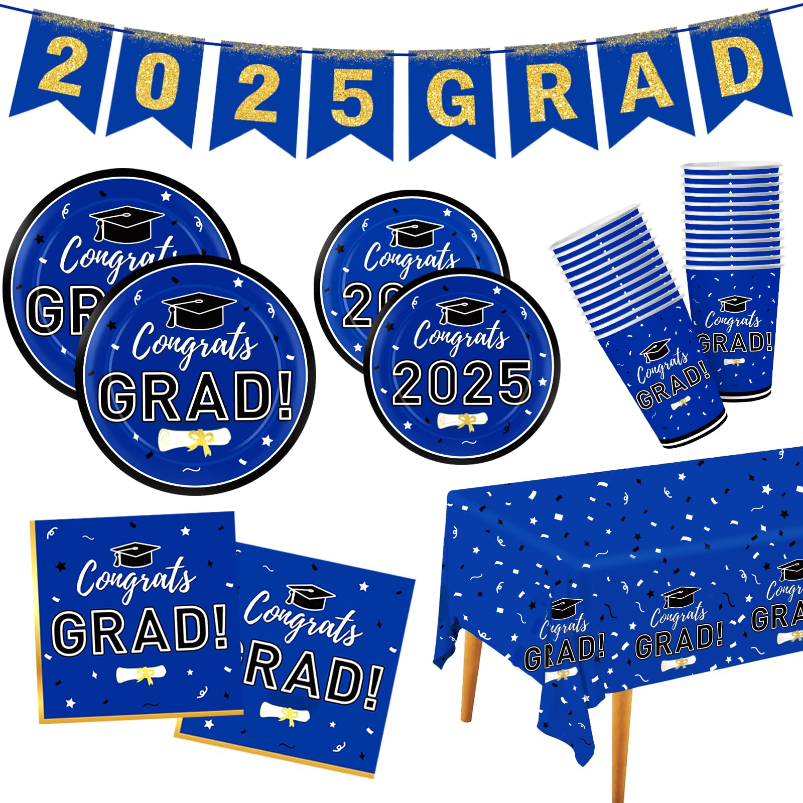 Graduation Decorations Premium Disposable Graduation Tableware Kit - Plates Napkins Cups Tablecloth Banner Party Supplies