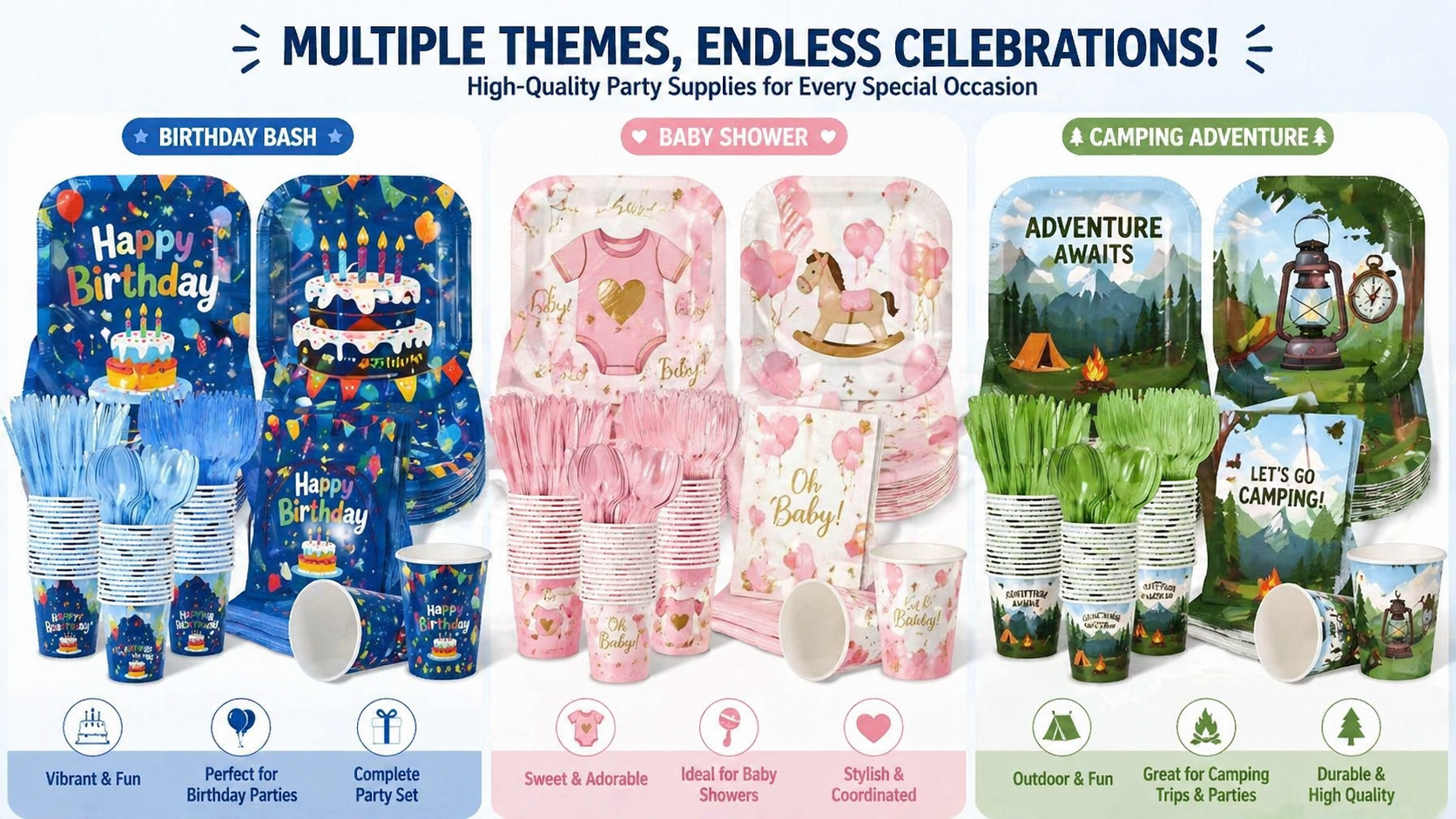 Multi theme party tableware set with plates cups napkins and cutlery for various party occasions