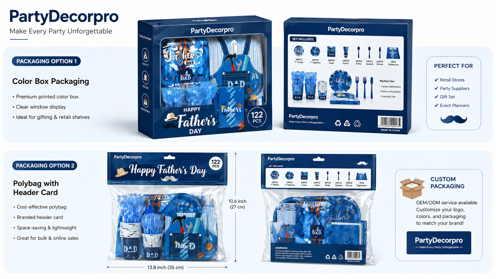 Father’s Day party supplies packaging options with color box and polybag header card, customizable retail packaging solutions