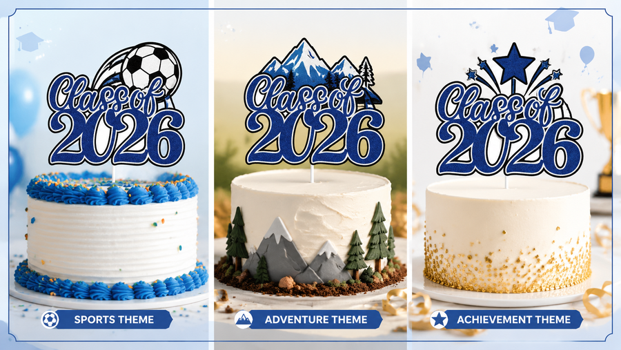 Graduation cake toppers Class of 2026 in Sports, Adventure, and Achievement themes on cakes.
