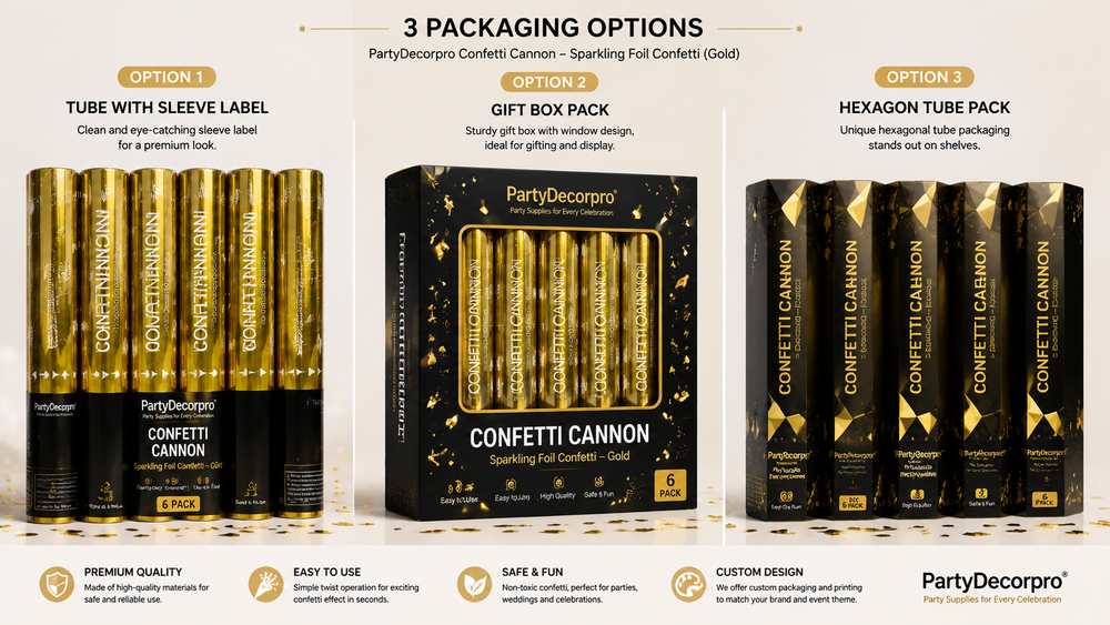 Three premium confetti cannon packaging options including gold foil, black tube, and gift box, showcasing versatile party-ready designs.
