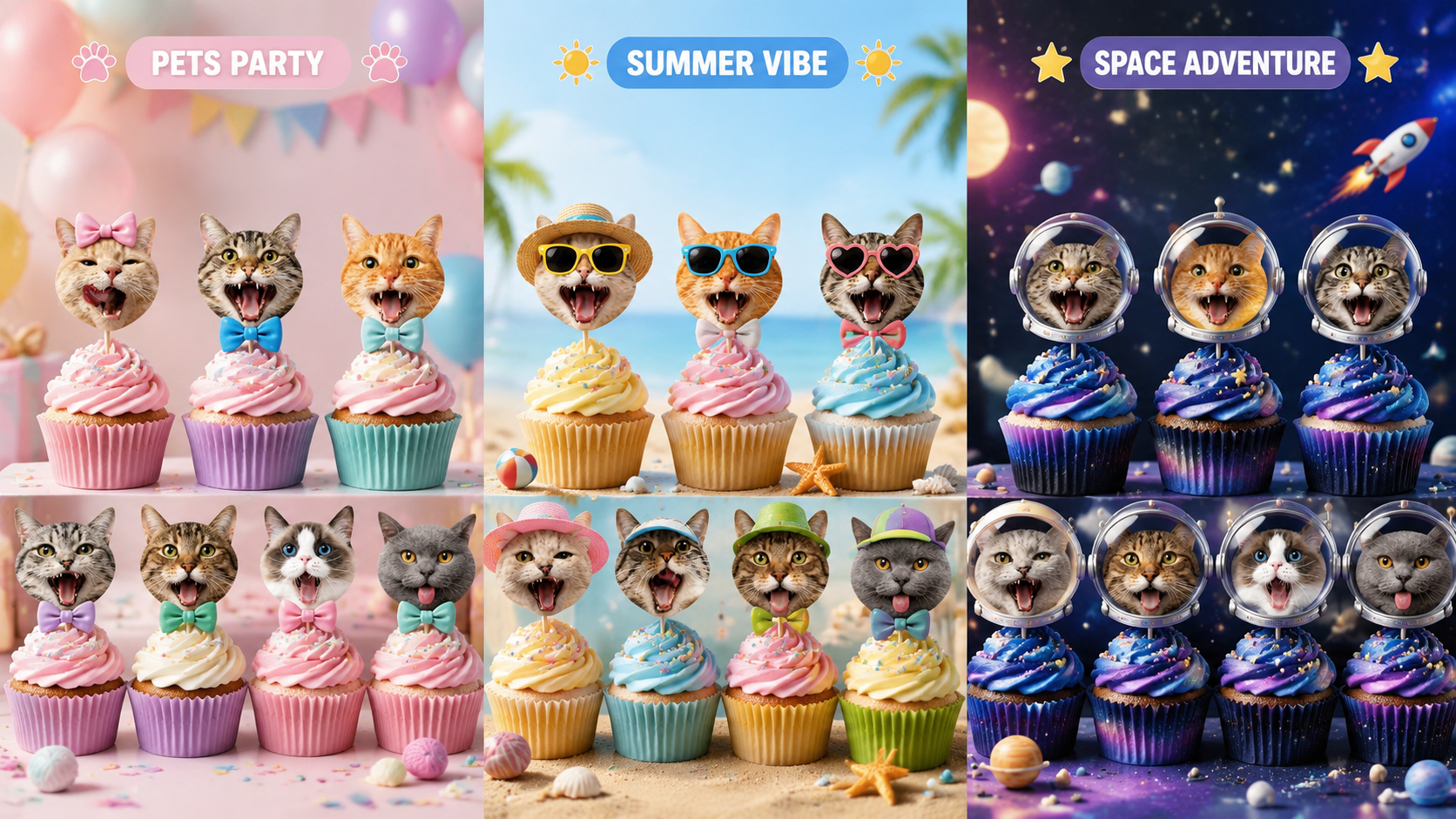 Cute and creative cat cupcake toppers, customizable themed dessert decorations