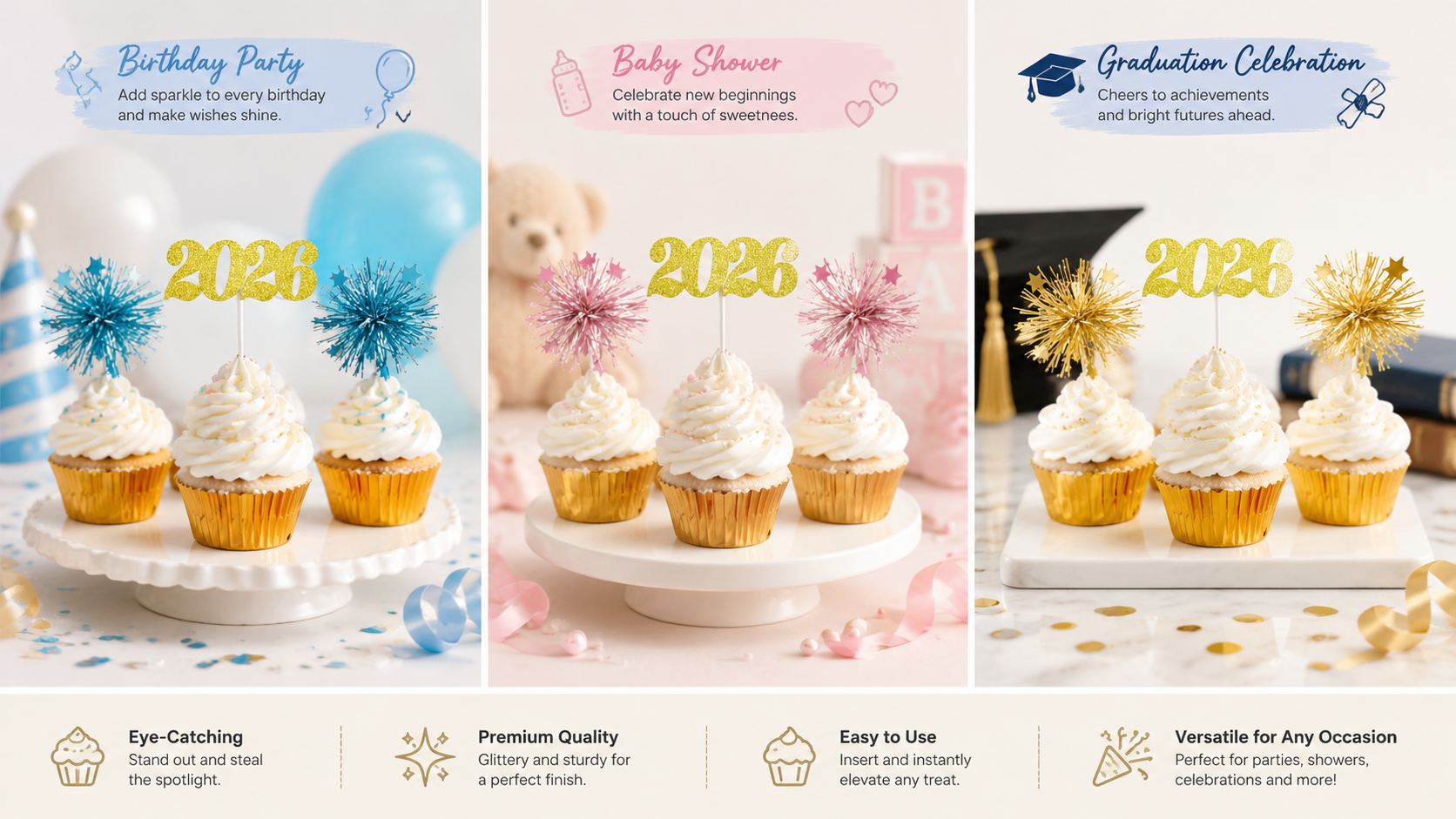 Customizable gold cupcake toppers for festive, birthday, and celebration parties.