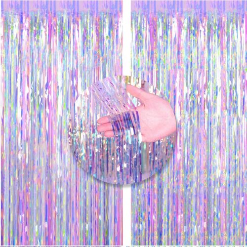 This iridescent laser tinsel curtain is made of high-transparency holographic laser , lightweight, durable, with strong reflective sparkle, waterproof and easy to clean, creating a dreamy party vibe. We can customize length, width, color combos, laser patterns and logo printing according to your needs, welcome B2B wholesale cooperation.