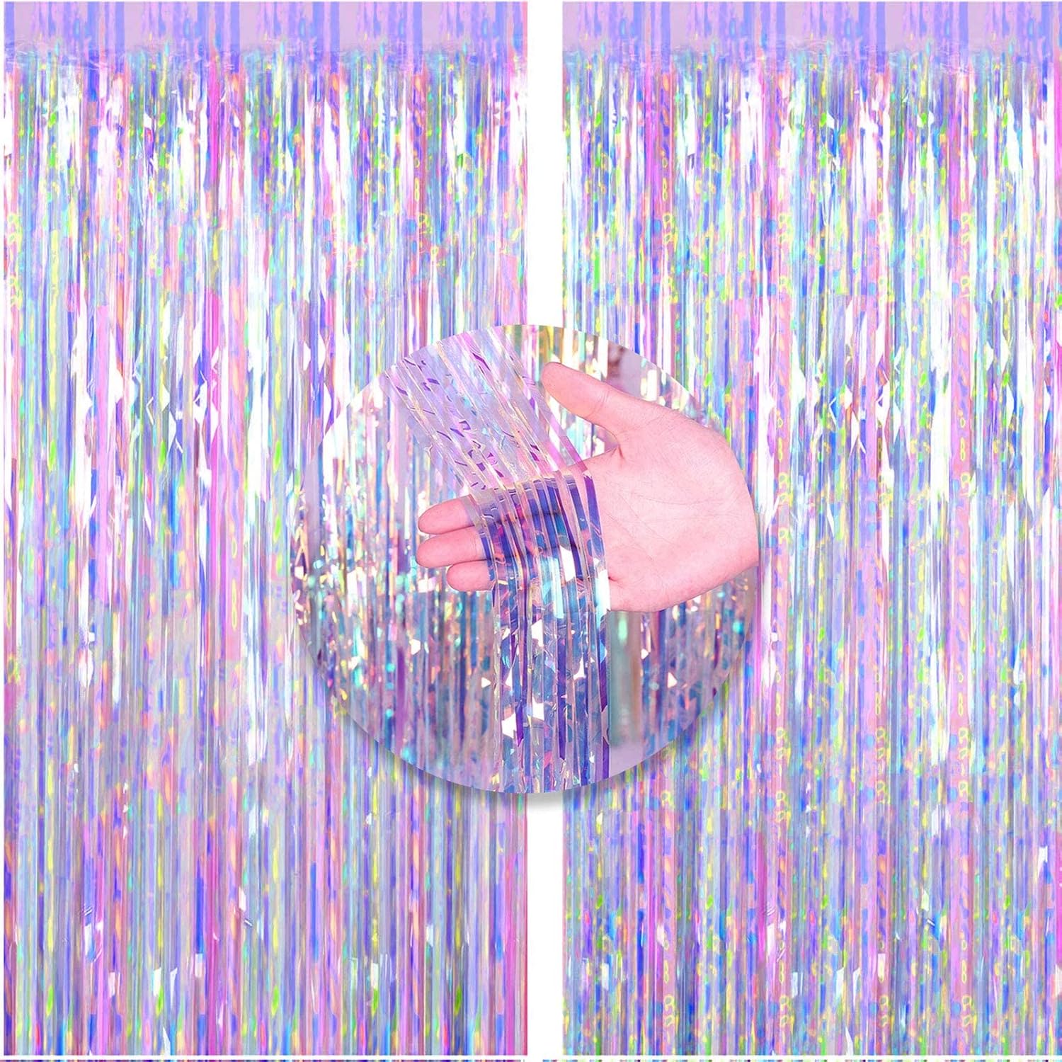 This iridescent laser tinsel curtain is made of high-transparency holographic laser , lightweight, durable, with strong reflective sparkle, waterproof and easy to clean, creating a dreamy party vibe. We can customize length, width, color combos, laser patterns and logo printing according to your needs, welcome B2B wholesale cooperation.