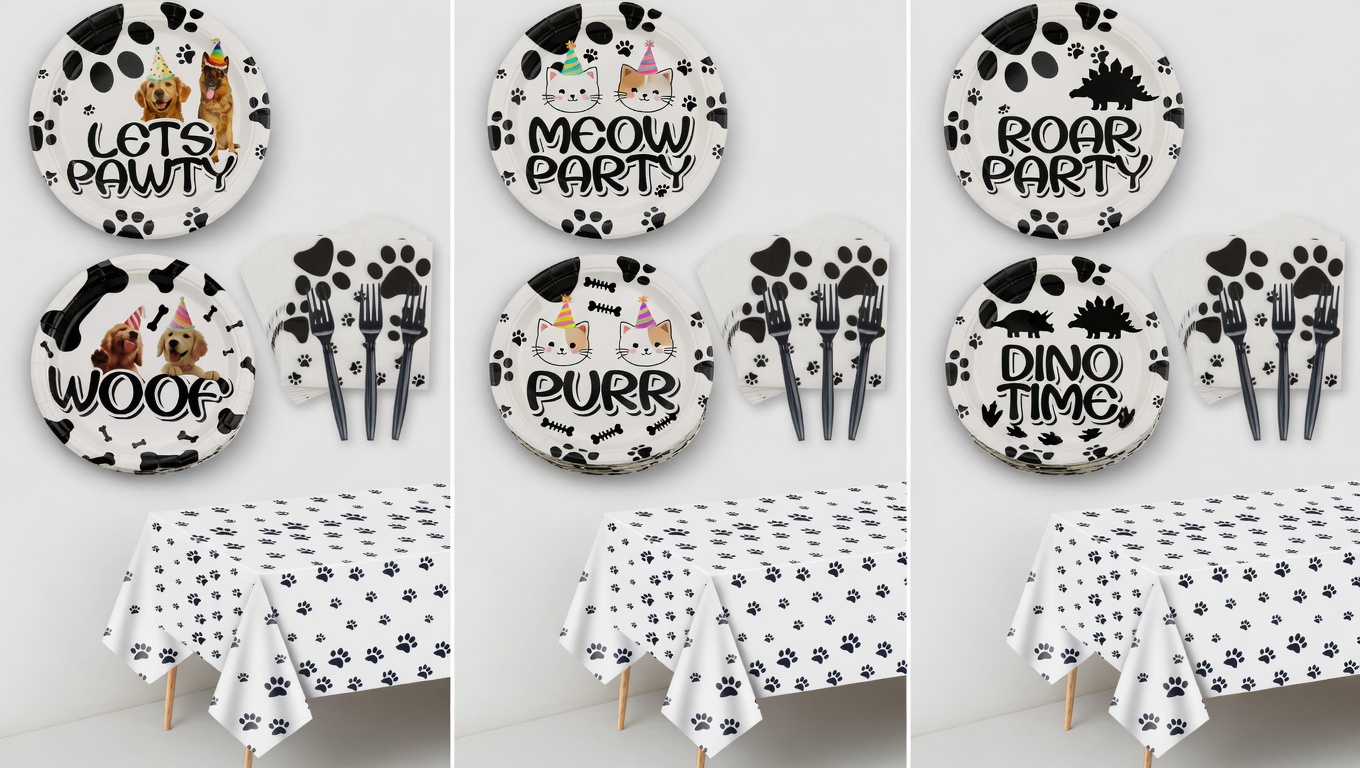 Animal themed party supplies set with dog cat and dino designs plates napkins forks tablecloth 16:9 product showcase