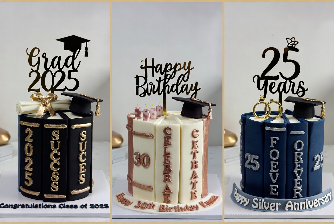 Elegant white book-themed celebration cakes for graduation, 30th birthday, and silver anniversary in three variations, professional product photography 16:9