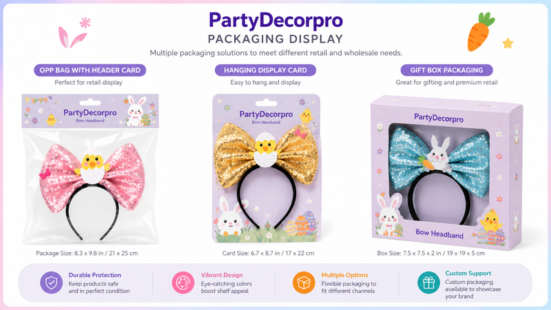 Custom bow headband packaging collection featuring OPP bag, hanging card and gift box display solutions for retail and wholesale presentation