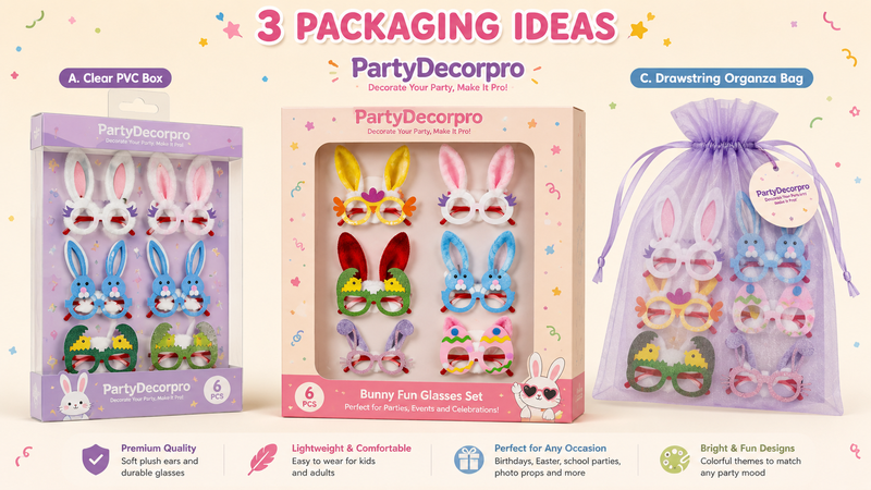 16:9 packaging showcase featuring bunny ear party accessories with clear PVC box, window gift box and organza pouch packaging concepts for custom branding