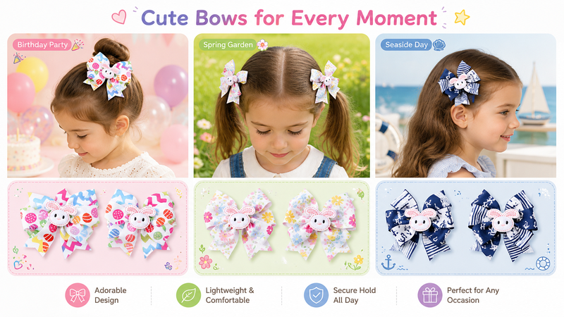 Colorful layered bunny hair bows featuring birthday, floral garden and seaside-inspired themes with embroidered details for girls accessories