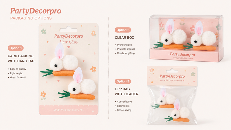 Bunny hair clip packaging concepts featuring backing card packaging, clear display box, and OPP bag retail packaging solutions with customizable branding presentation