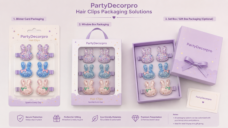 Custom packaging concepts for glitter bunny hair clips featuring blister card, window box, and premium gift box styles designed for retail display and brand presentation