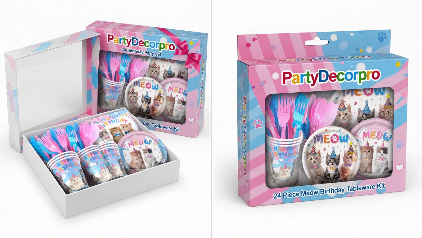 Two different custom packaging options for cat birthday party tableware set including gift box and retail window box