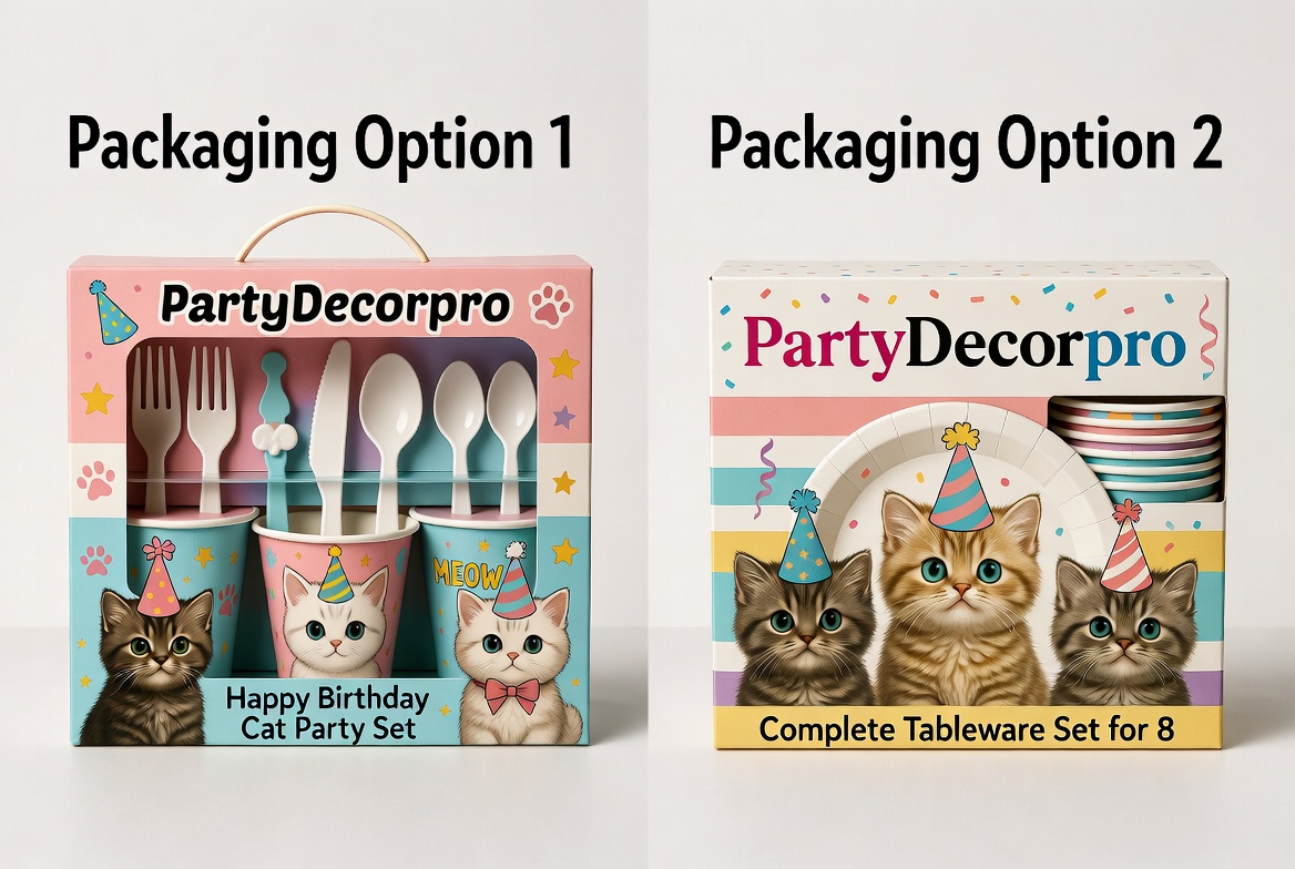 Two different custom packaging options for cat birthday party tableware set with vibrant designs
