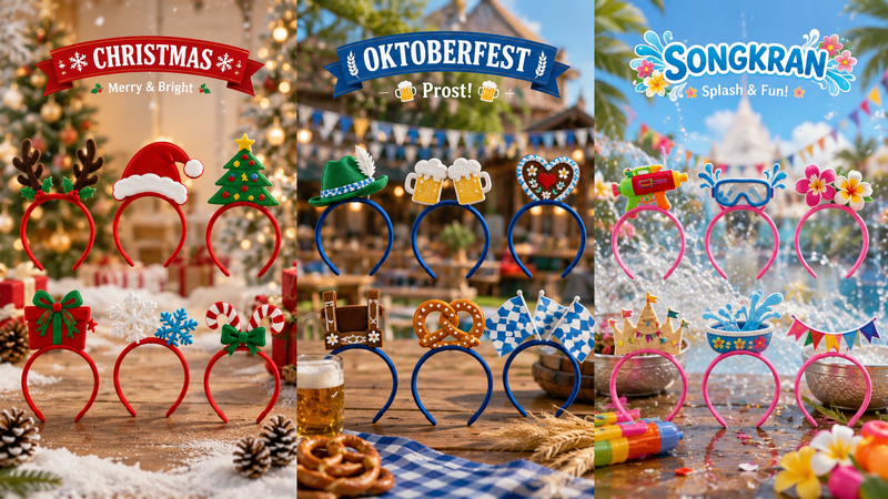 16:9 festive headband collection featuring Christmas, Oktoberfest and Songkran party themes with immersive seasonal backgrounds and custom decorative designs