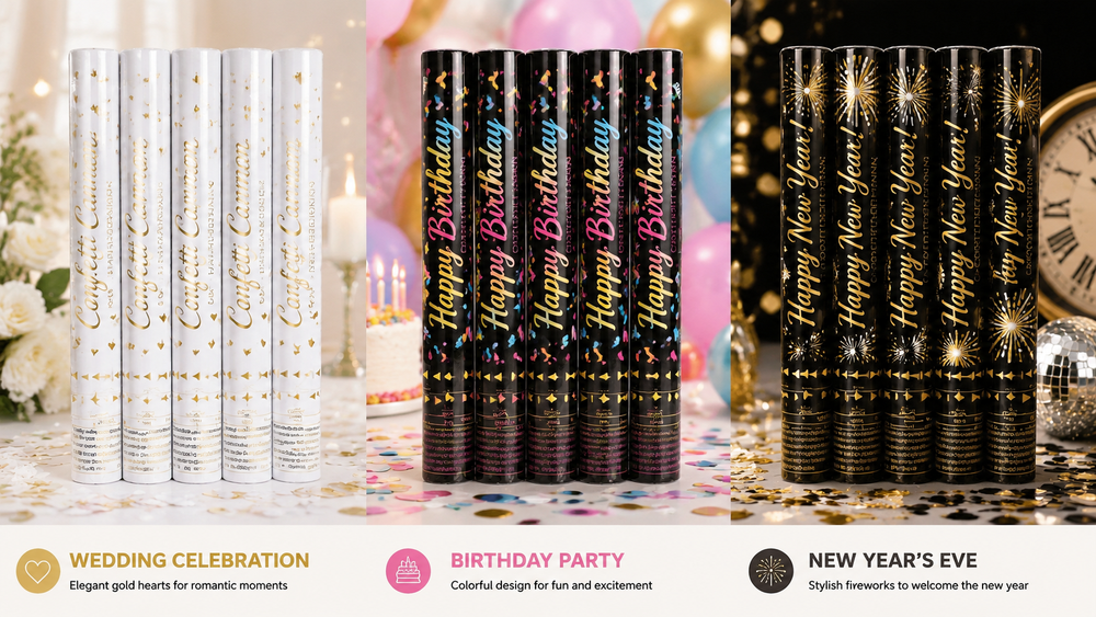 Three themed confetti cannon designs for wedding, birthday, and New Year celebrations with festive customized packaging.