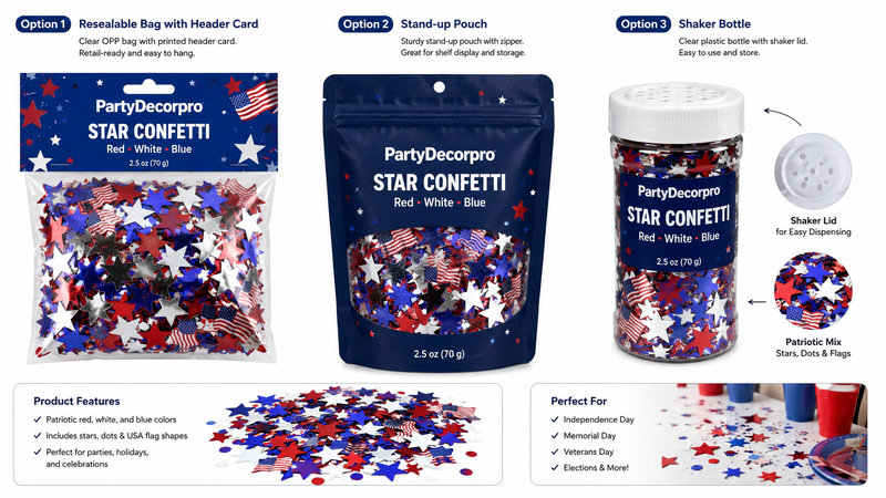 Custom confetti packaging solutions featuring resealable header bags, stand-up pouches, and clear jars for retail display, private label branding, and wholesale party supplies.