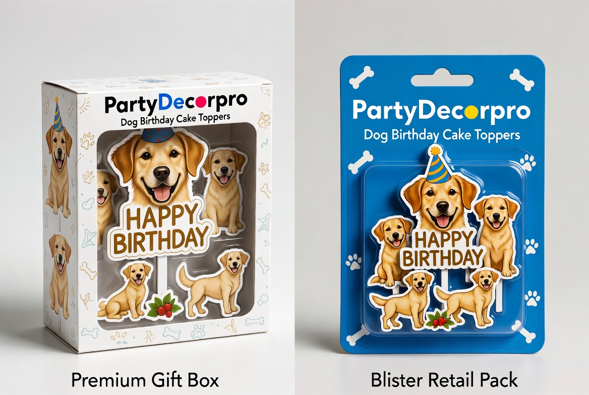 Dog birthday cake toppers premium gift box and blister retail packaging options custom branding