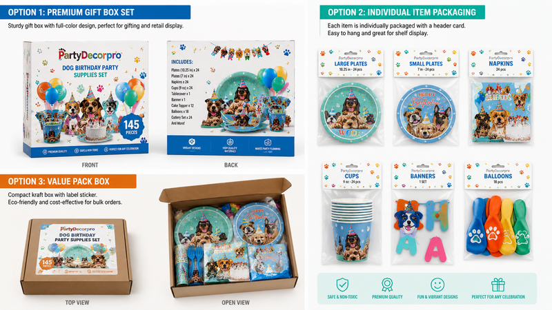Dog Birthday Party Supplies Packaging Concepts Featuring Premium Gift Box, Individual Retail Packs and Kraft Carton Packaging Solutions for Wholesale Custom Branding