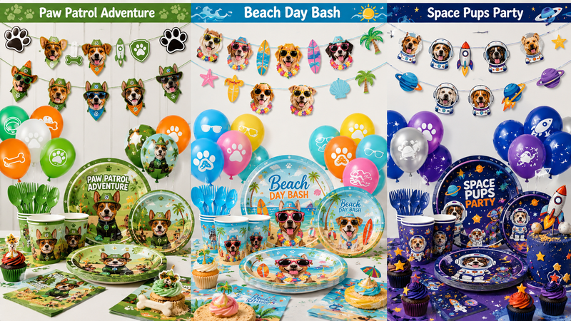 Custom Pet Party Supplies Collection Featuring Dog-Themed Birthday Decorations, Banners, Balloons, Cups, Plates and Coordinated Party Tableware in Multiple Creative Themes